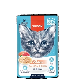Wanpy Cat Kitten Stew Salmon & Tuna in Gravy 70g - vådfoder til katte